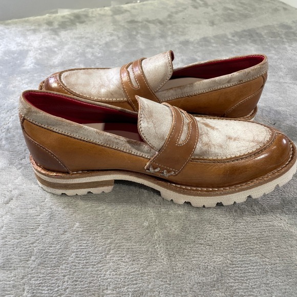 Bed Stu Cobbler Series Leather Penny Loafers Women 7.5 Tan Cream Rustic Lug Sole - Picture 9 of 10